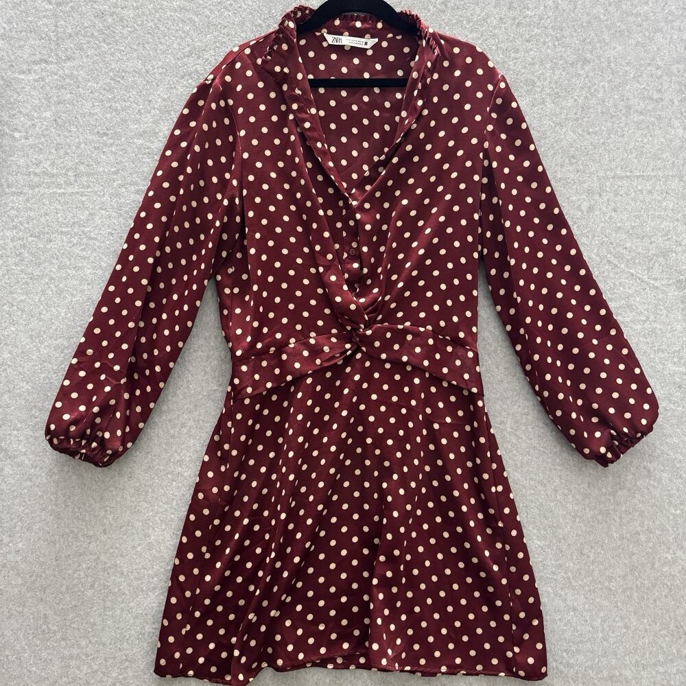 Zara Satin Polka Dot Blouson Dress Sz M Burgundy Silky Quiet Luxury Work Minimal